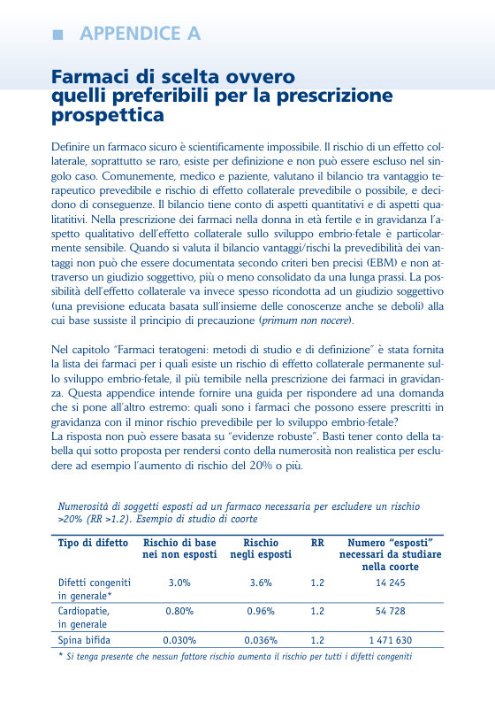 Prima pagina dell'appendice A del manuale Farmaci e gravidanza