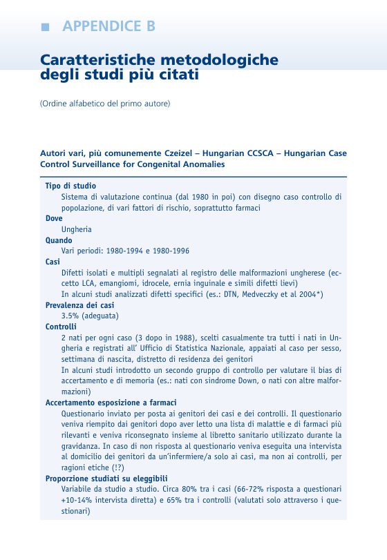 Prima pagina dell'appendice B del manuale Farmaci e gravidanza